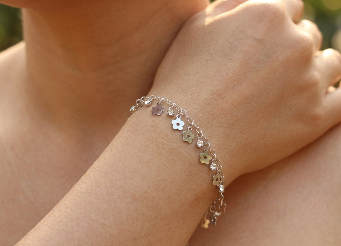 Silver Tone Cubic Zirconia Flower Charm Bracelet | Boho Adjustable Floral Chain