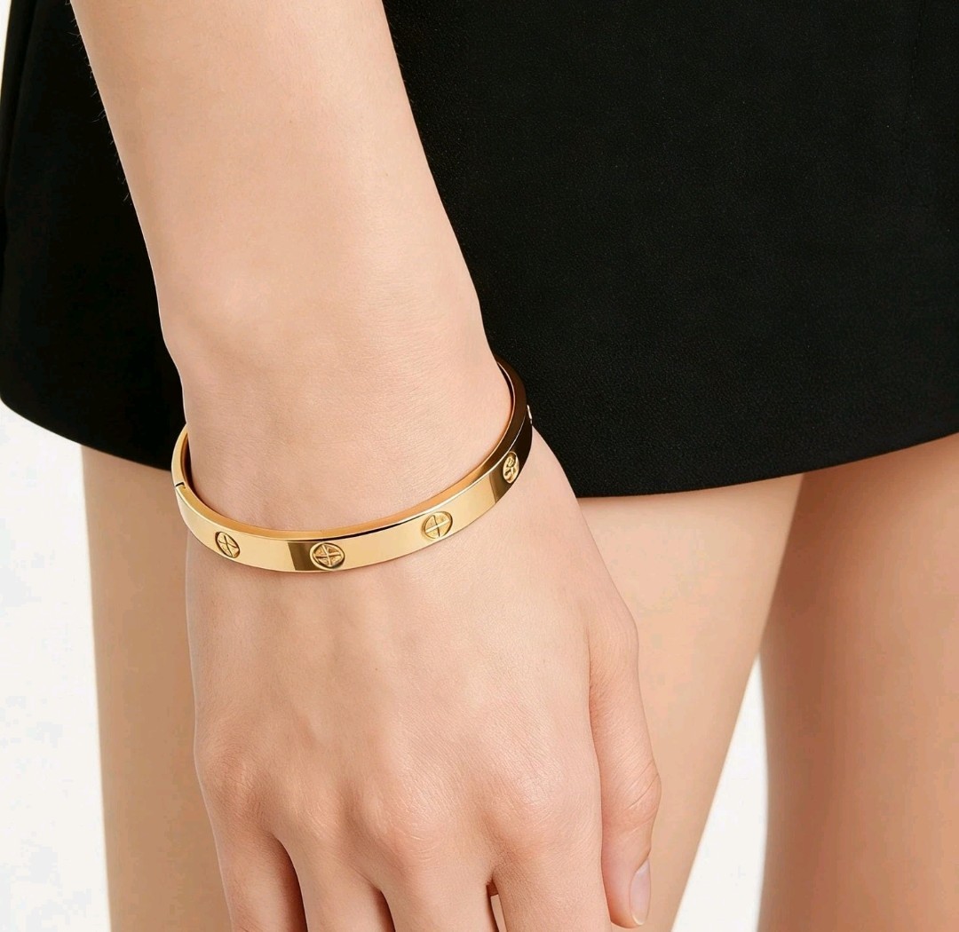 14K Gold Plated Stainless Steel Bracelet Bangle Cuff over stainless steel