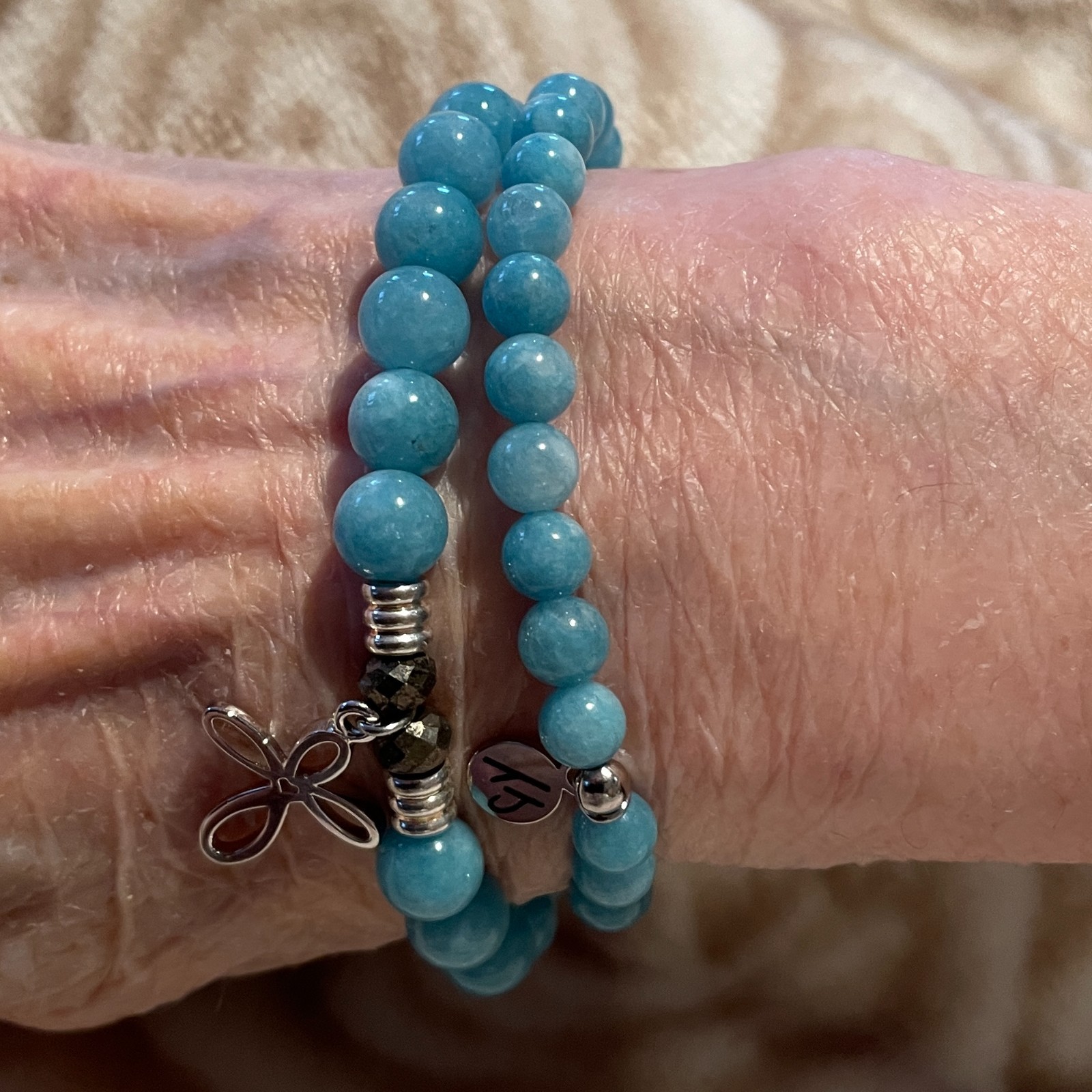 T. Jazelle Silver Charm Aqua Amazonite Stretch Bracelet Set of 2, 6 -7 inch NEW!