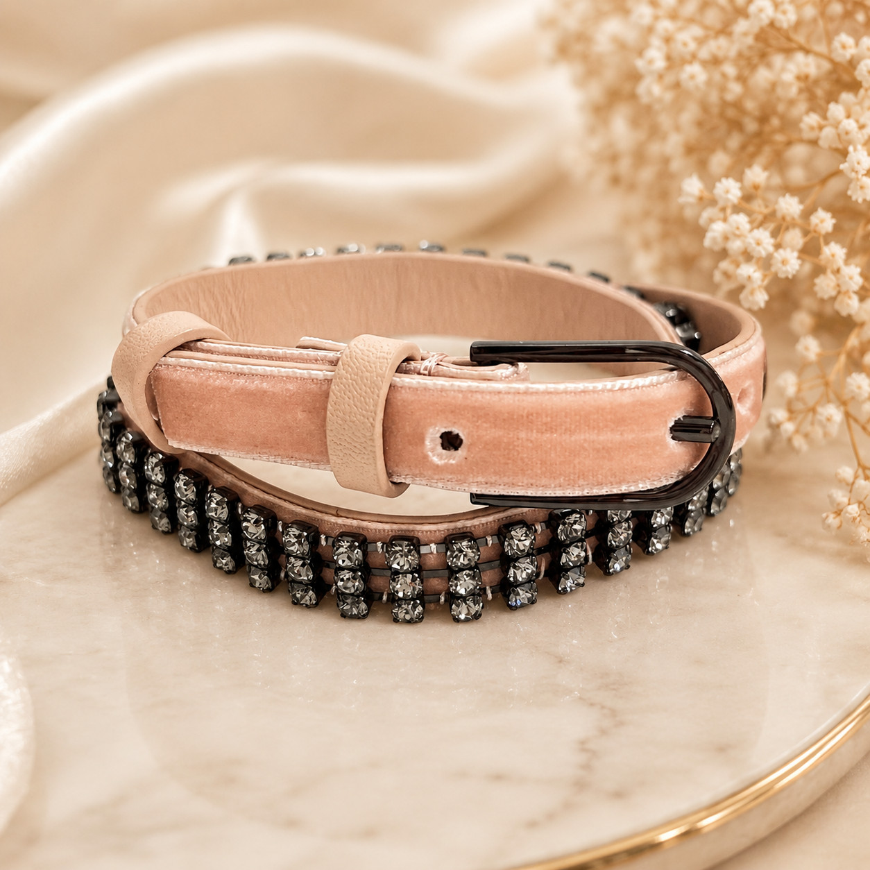 NWT Tory Burch CRYSTAL EMBELLISHED DOUBLE-WRAP VELVET BRACELET — Warm Blush