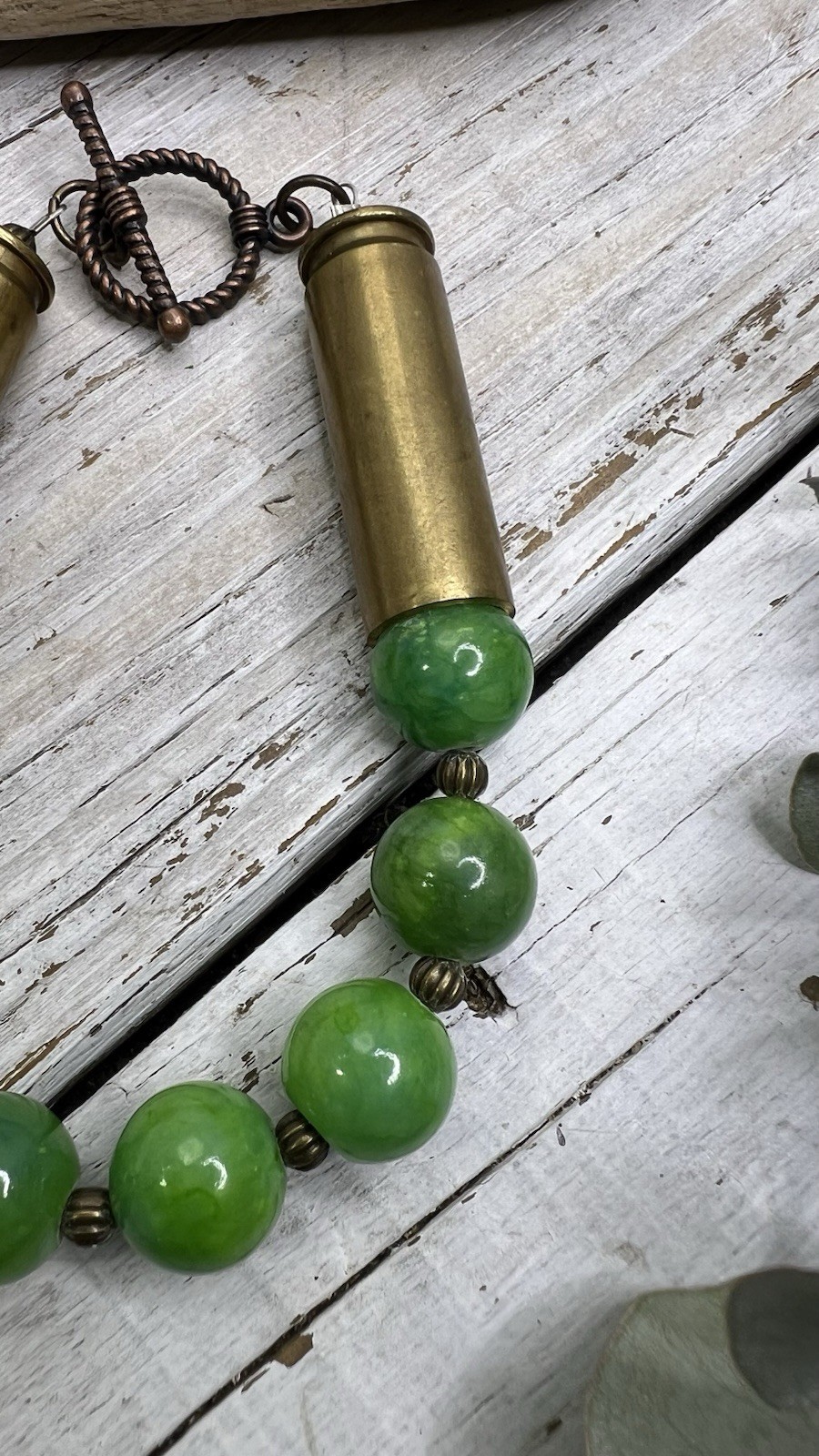 HANDMADE BRACELET W/BULLET CASINGS & GREEN GLASS BEADS ARTISAN 💚