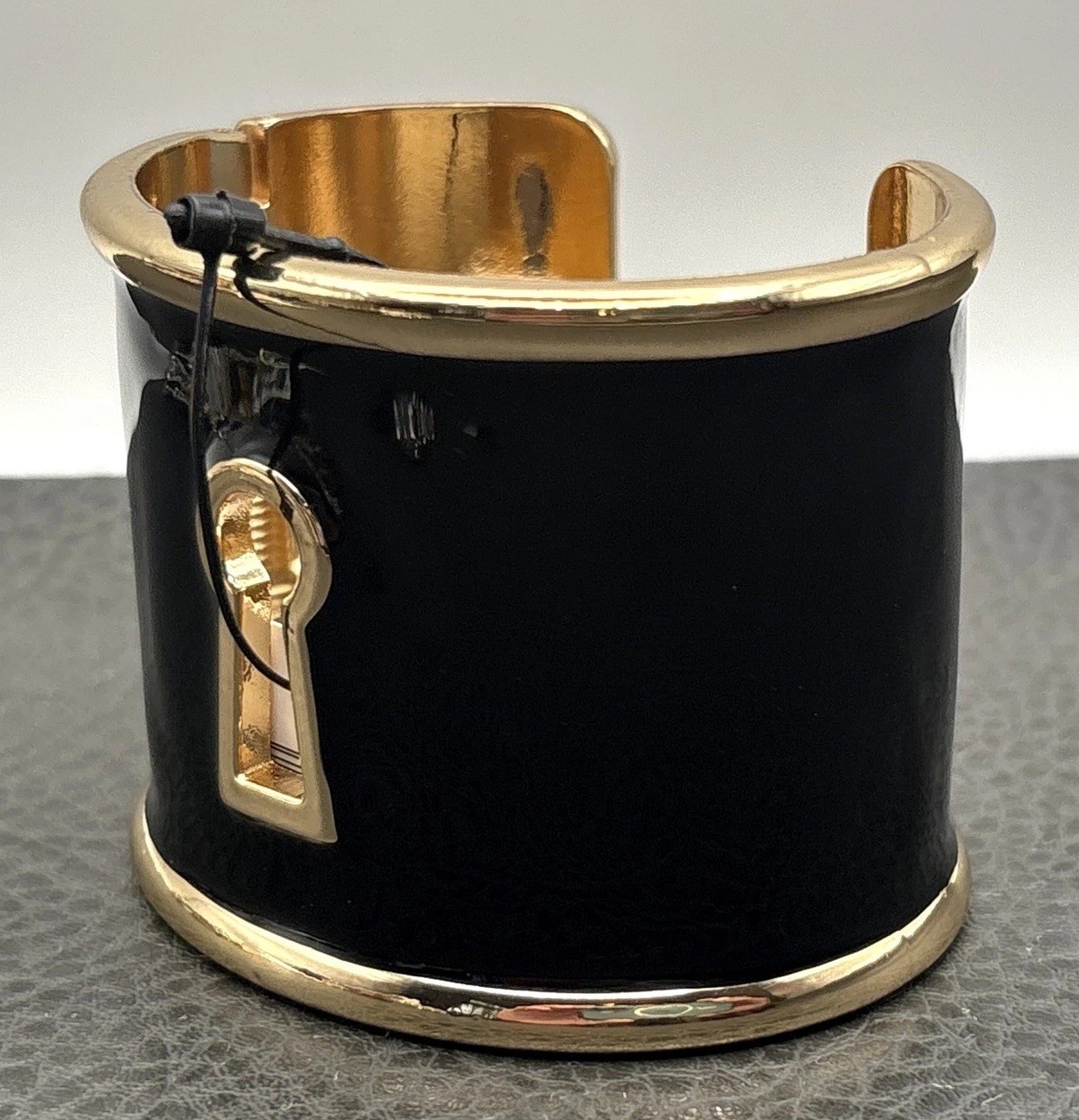 Chicos Black Enamel Gold Tone Cuff Bracelet Keyhole Key Hole Lock Wide Statement