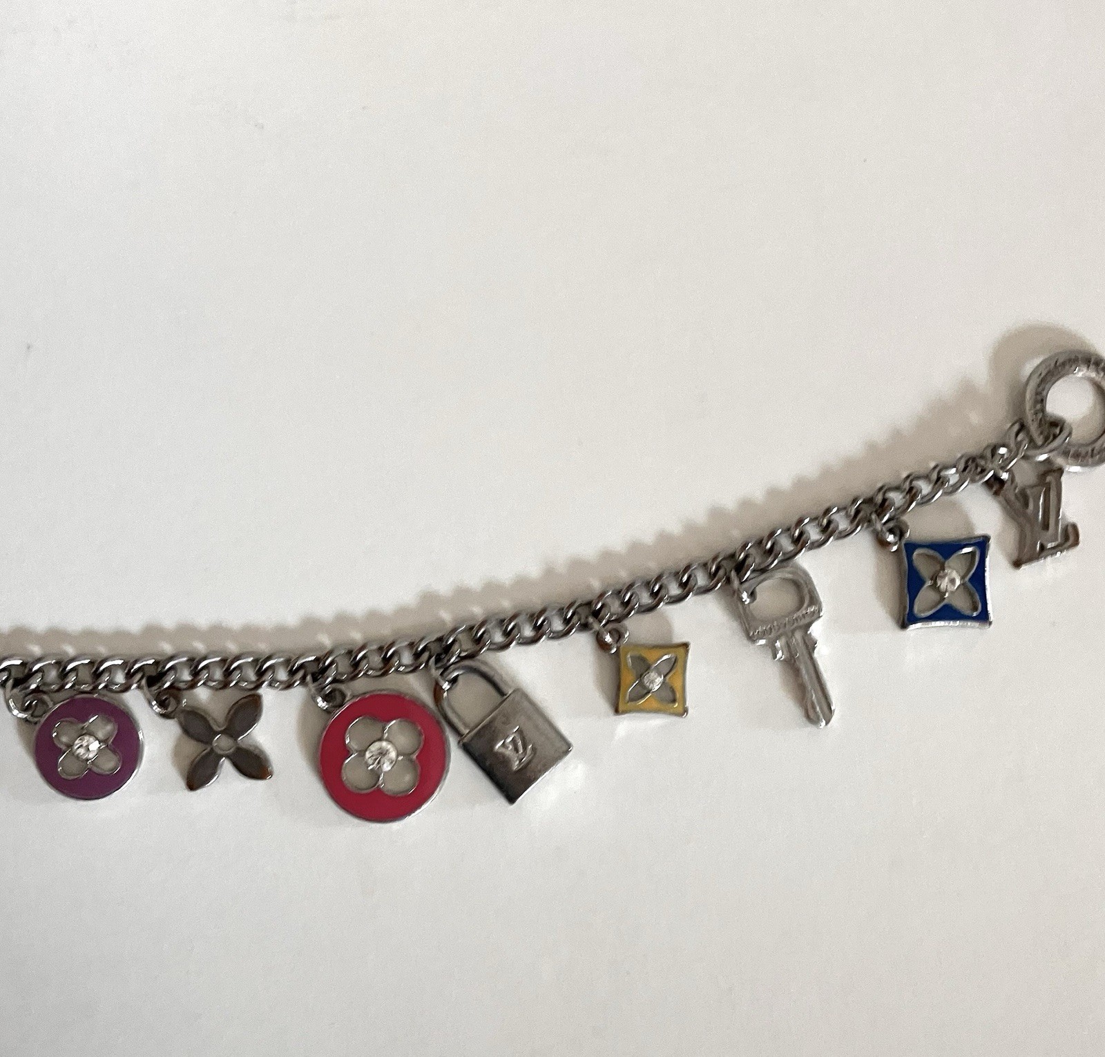 LOUIS VUITTON Vtg RARE Lock & Key, Sweet Monogram Enamel Charm Bracelet 8 Charms
