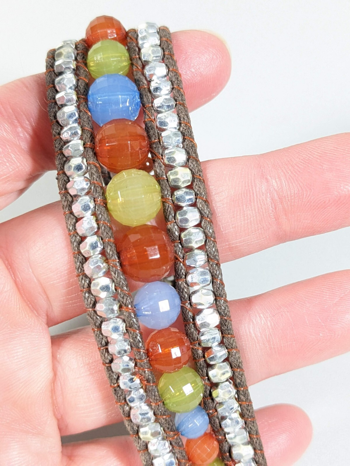 Tribal Style Brown Cord Silver Tone Blue Orange Acrylic Bead Bracelet 8.5 in