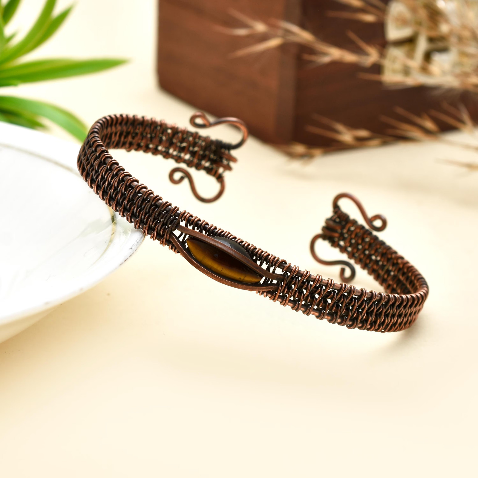 Copper Tone Wire Wrapped Cuff Bracelet Brown Marquise Bead Adjustable Bangle