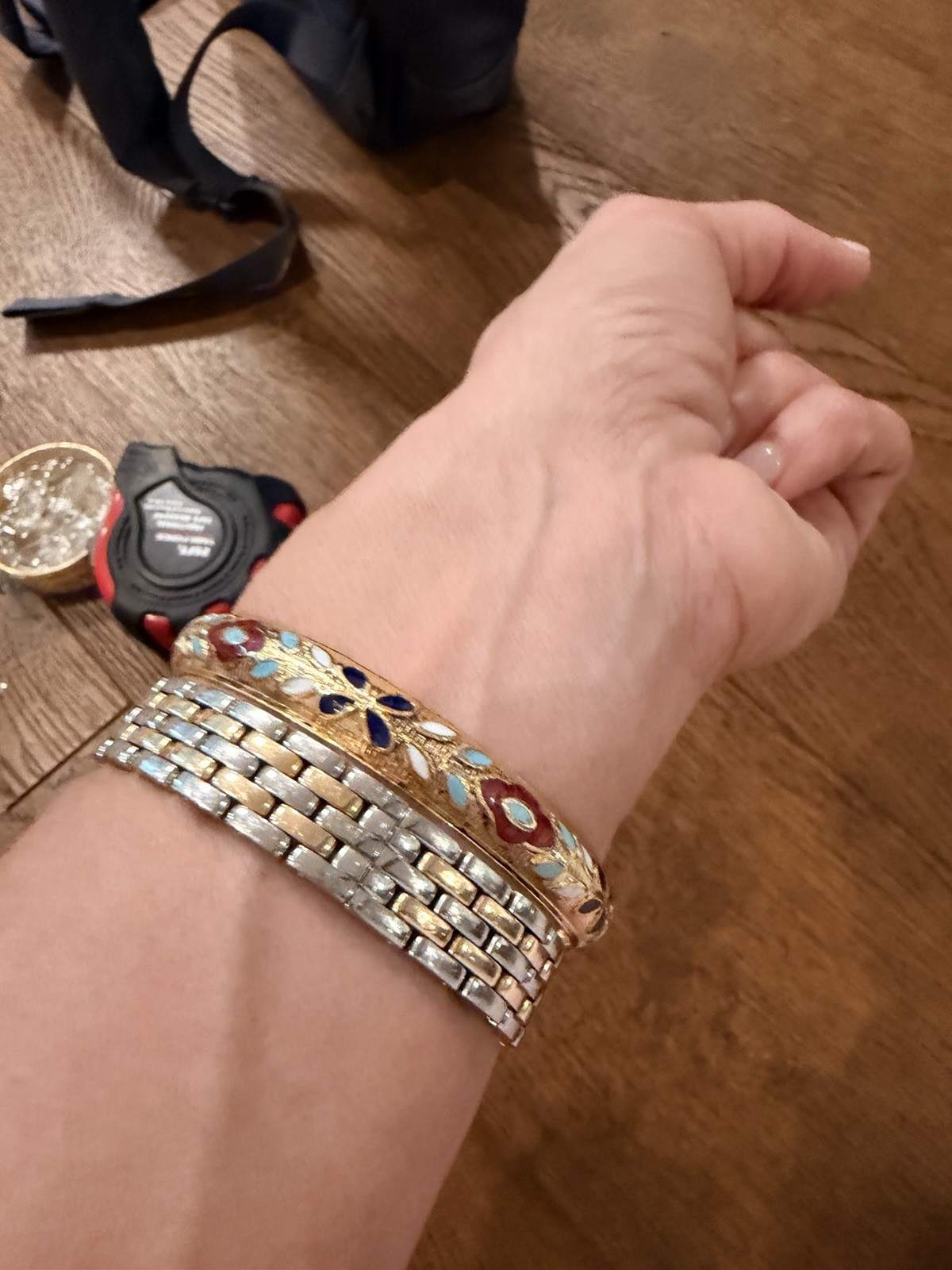 Two Gold Plated Bracelets With Bronze Inside Small Colorful Colors