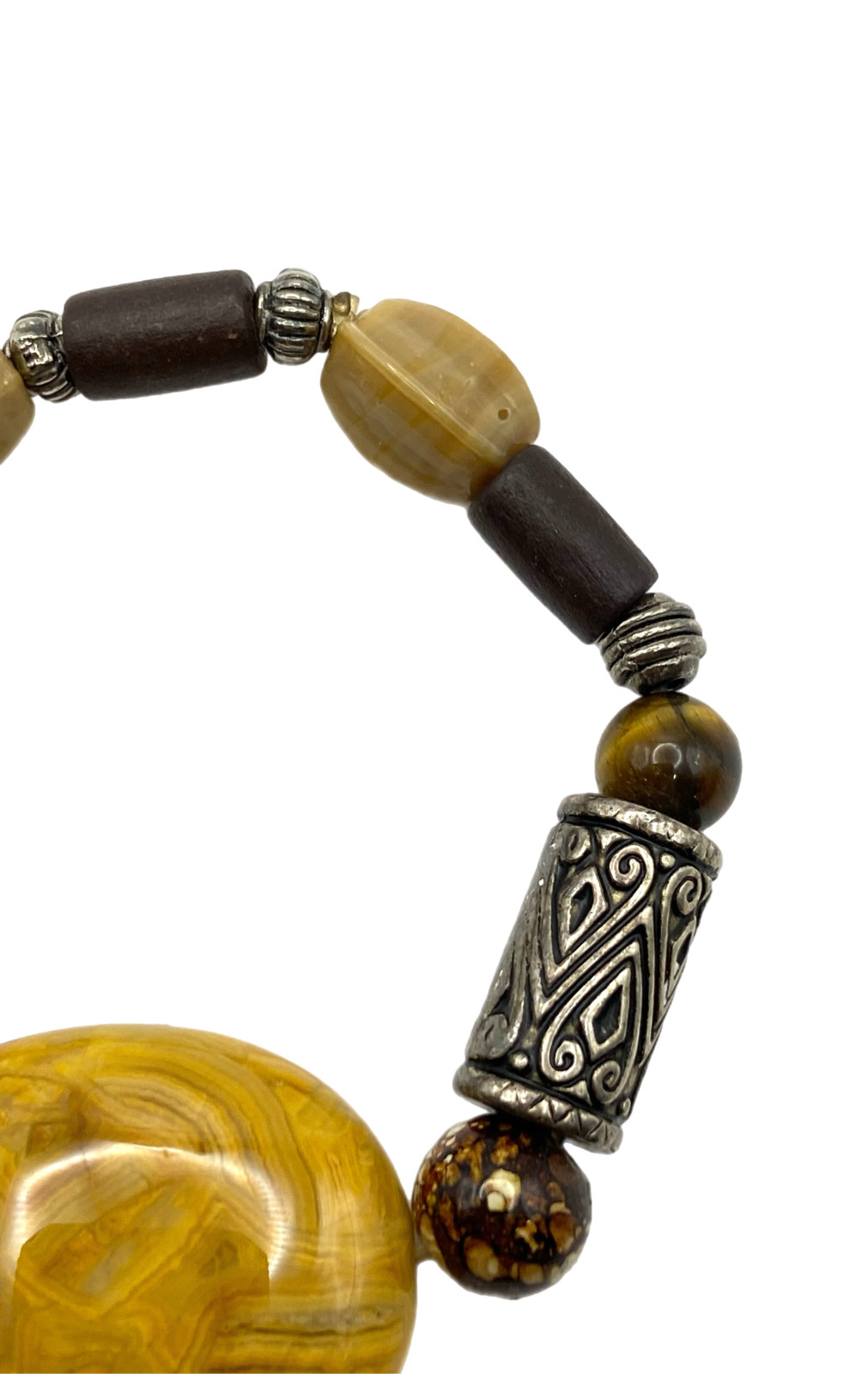 Tan Brown Orange Agate Tigers Eye Glass Stretch Bracelet Wood Beaded Silver Tone