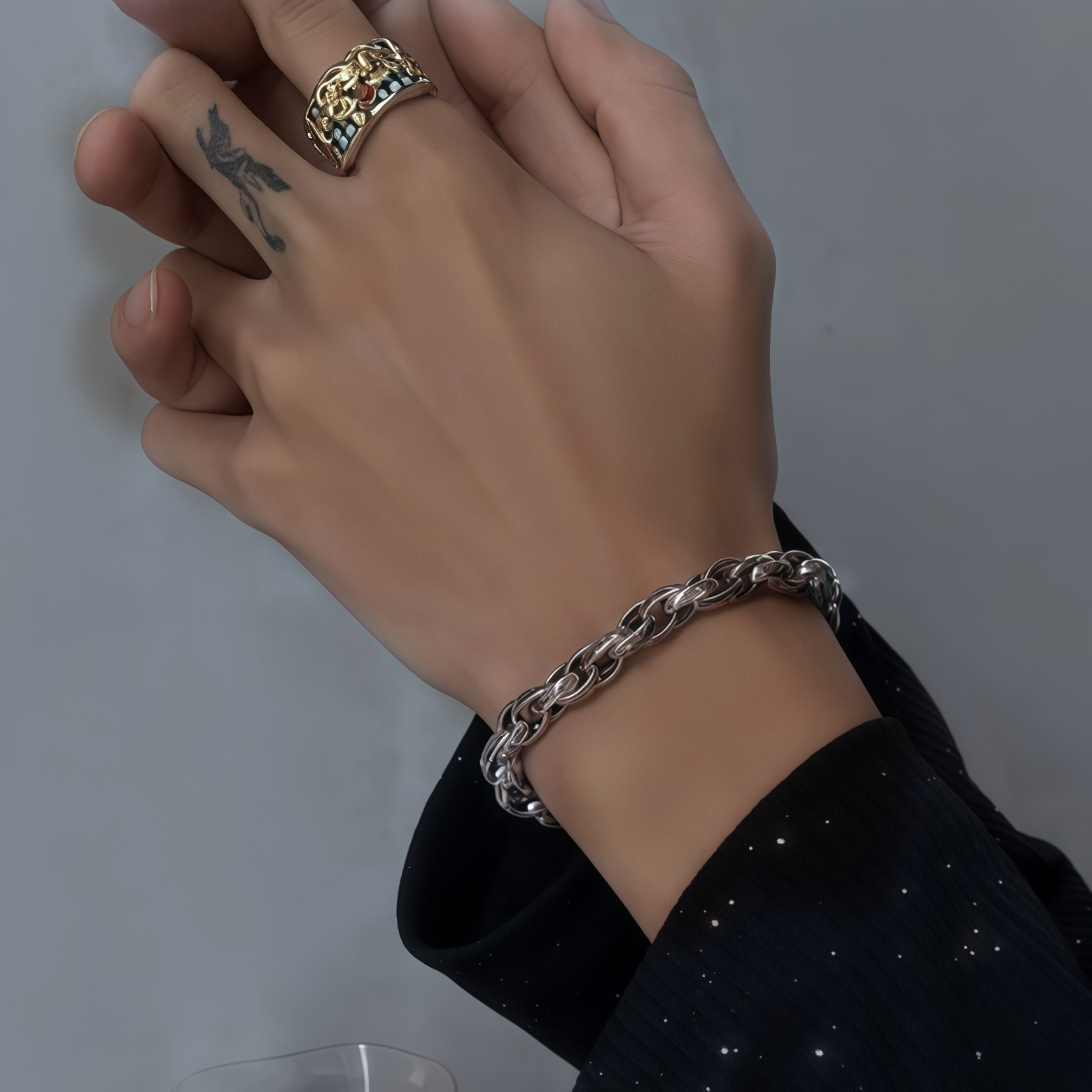Vintage Scroll Engraved Curb Copper Chain Bracelet Plated Antique Silver for Men