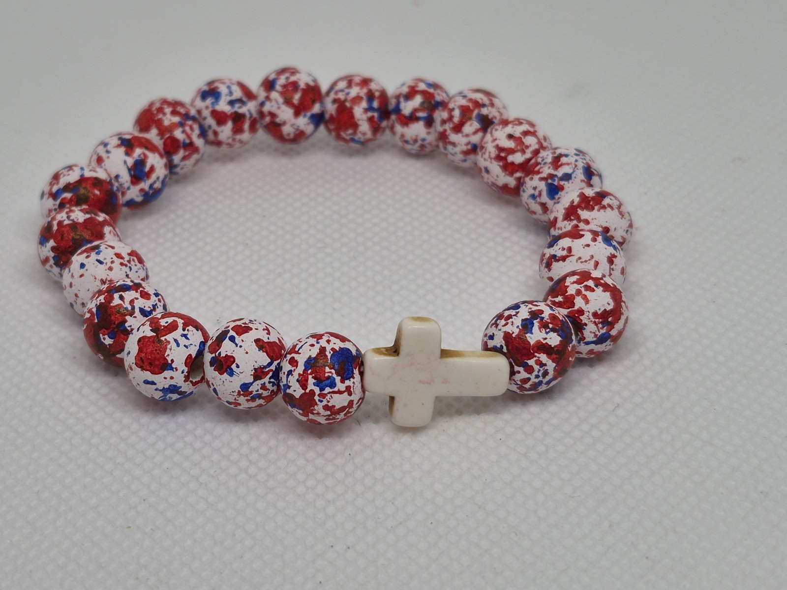 Set of 3 Multicolor wood Round Beaded Stretch Bracelets w/ Cross Dangle Charms