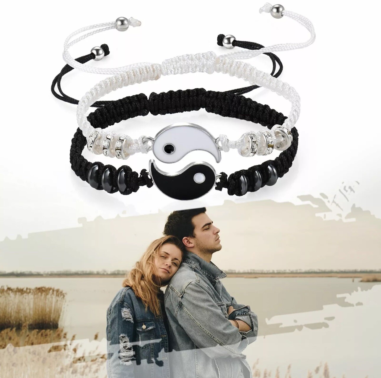 Yin Yang Couple Bracelets Puzzle Match BFF Gift for Anniversary or Birthday