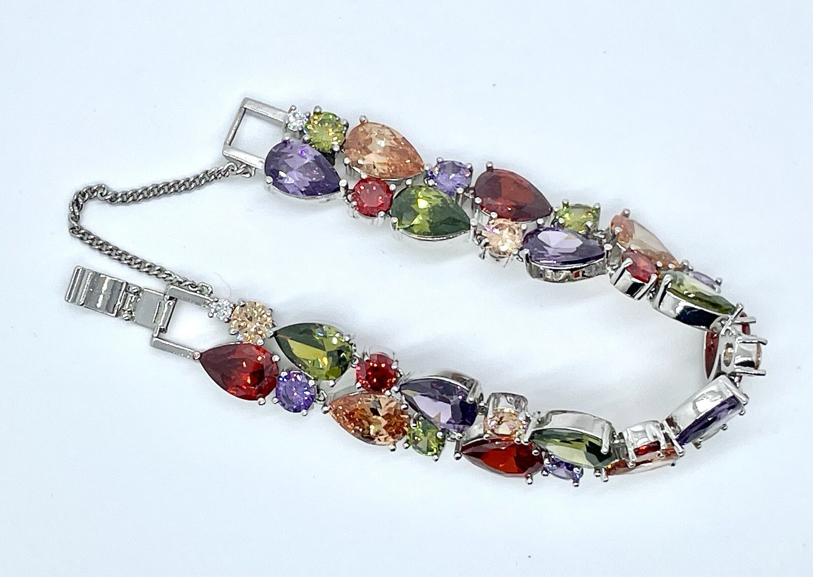 2 Layer Multi Color Sparkling Gemstone Bracelet 925 Bracelet w/Safety Chain