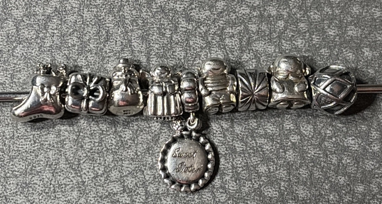 Lot Of 9 Pandora Sterling Silver Charm Bead S925 ALE (Dangle, Sister, Clip) 35g