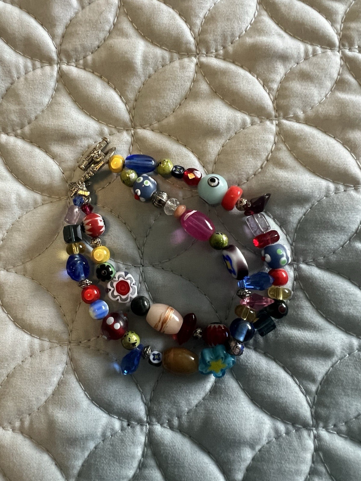 Multicolor Glass Beaded Dangle Charm Bracelet, Round Beads, Lobster Clasp