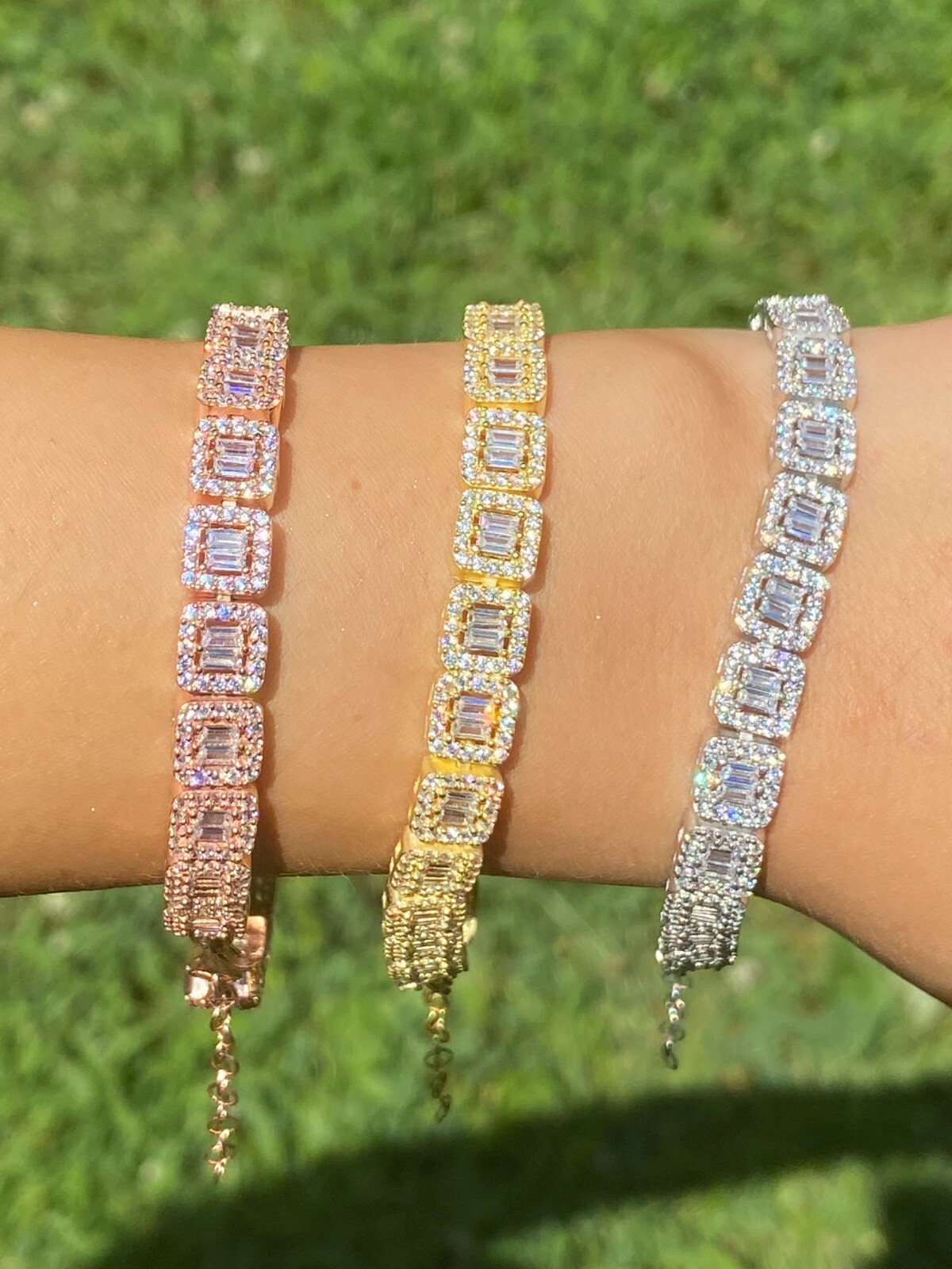 Real 925 Silver Yellow Rose Gold Plated Square Cluster Bracelet Baguette CZ