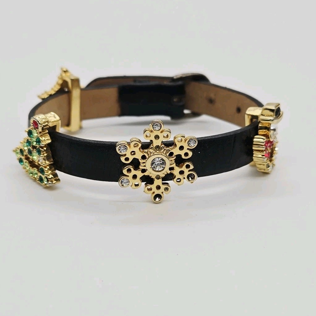 Christmas Bracelet enamel Crystal Gold tone Slide Charms Leather 8 in #13