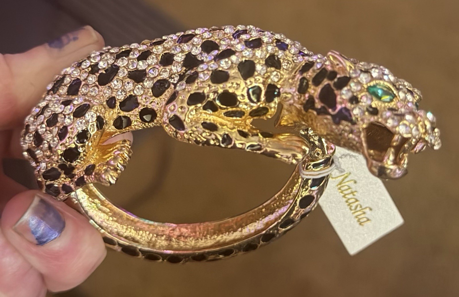 NEW ~ Natasha Leopard Bangle Bracelet 3D Rhinestone Panther Hinged GoldTone