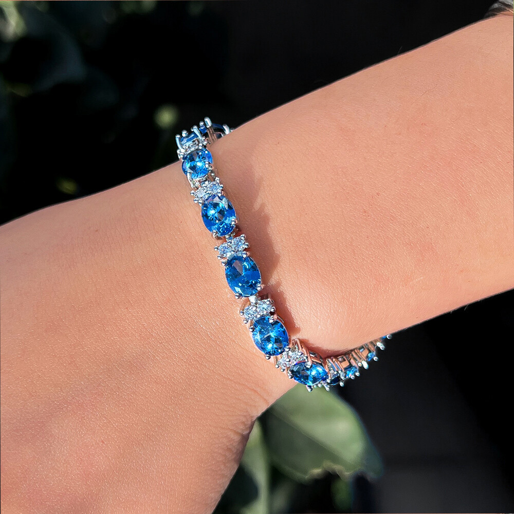 Charming Blue Oval Cubic Zirconia Silver Plated Wedding Bracelet for Women Party