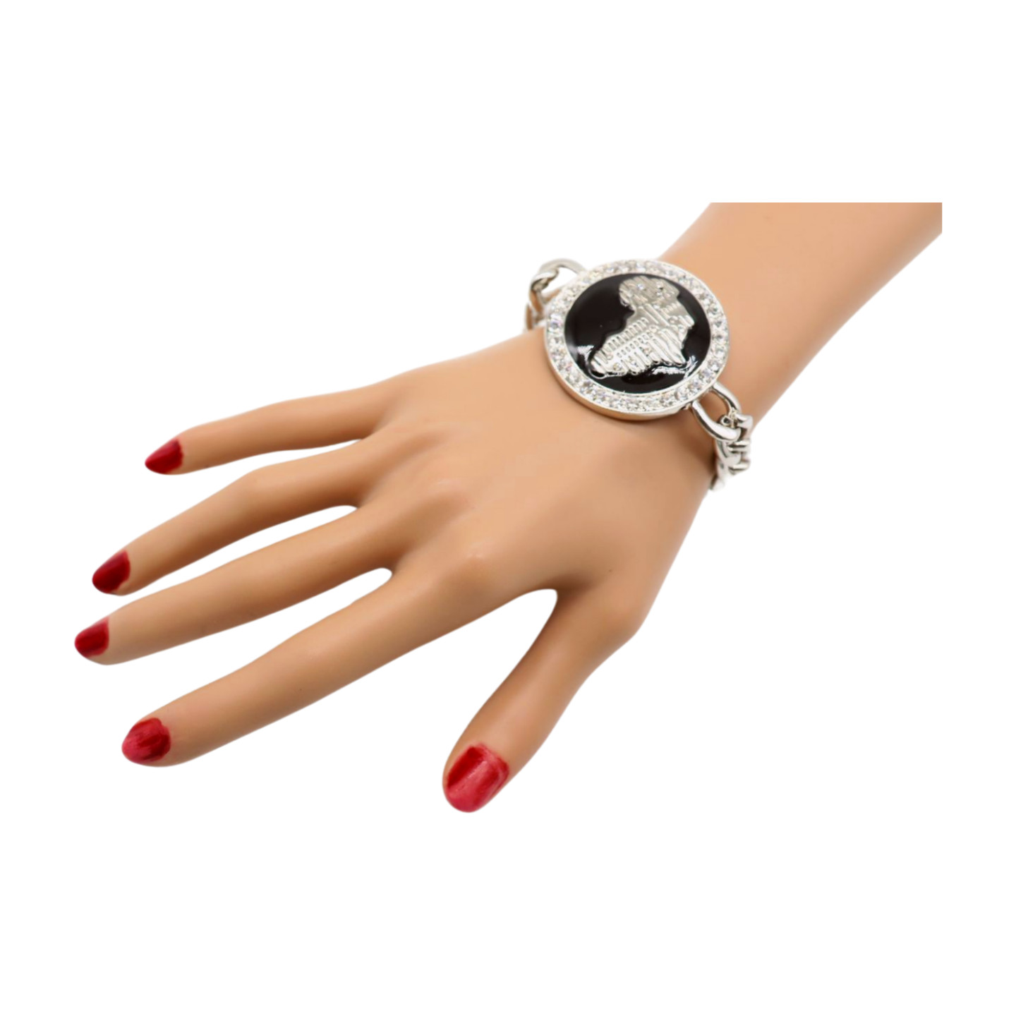 Women Silver Metal Chain Bracelet Africa Continent Bling Charm Adjustable Size
