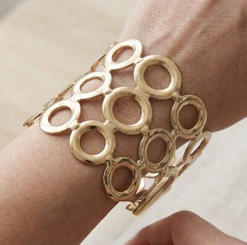 Vintage Gold Tone Open Circle Wide Cuff Bracelet Modernist Statement 7”