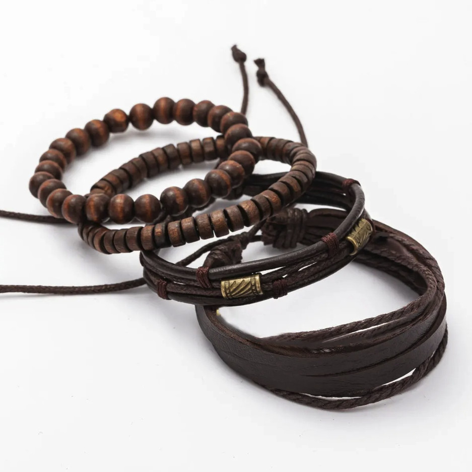 4pcs Vintage Multi-Layer Wooden Beads Leather Bracelets Unisex Set – NEW