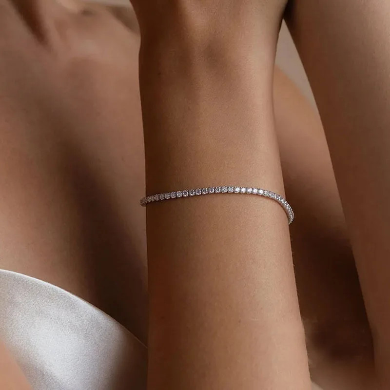 925 Sterling Silver Zircon Chain Bracelet Women Round Link Fine Classic Jewelry