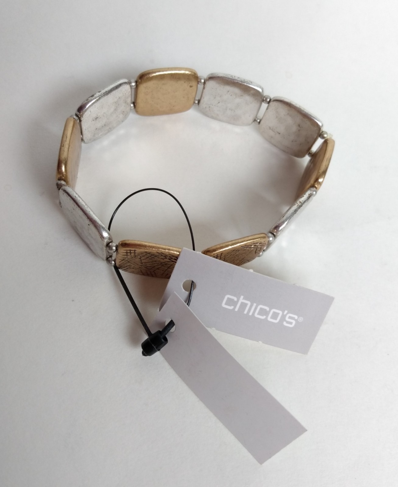 Chico’s Stella Silver Gold Tone Textured Squares Stretchy Bracelet New NWT