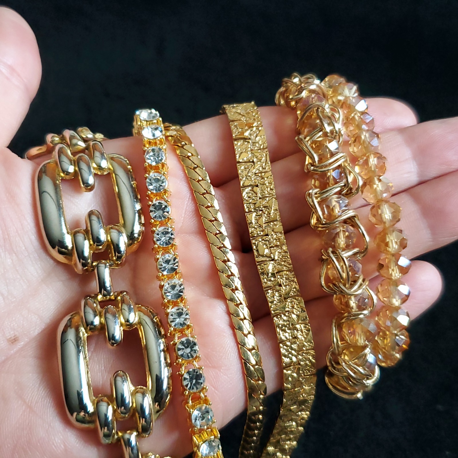 Gold Tone Bracelet Lot of 6 Chain Rhinestone Beaded 7.5-8″ Vintage Modern