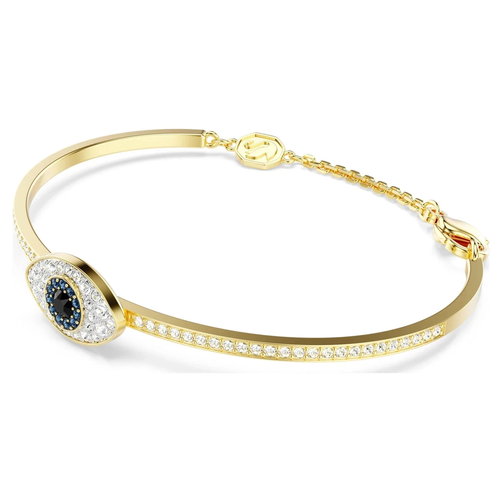Swarovski Evil Eye Crystal Bangle Bracelet Gold Tone Blue White Pavé Adjustable