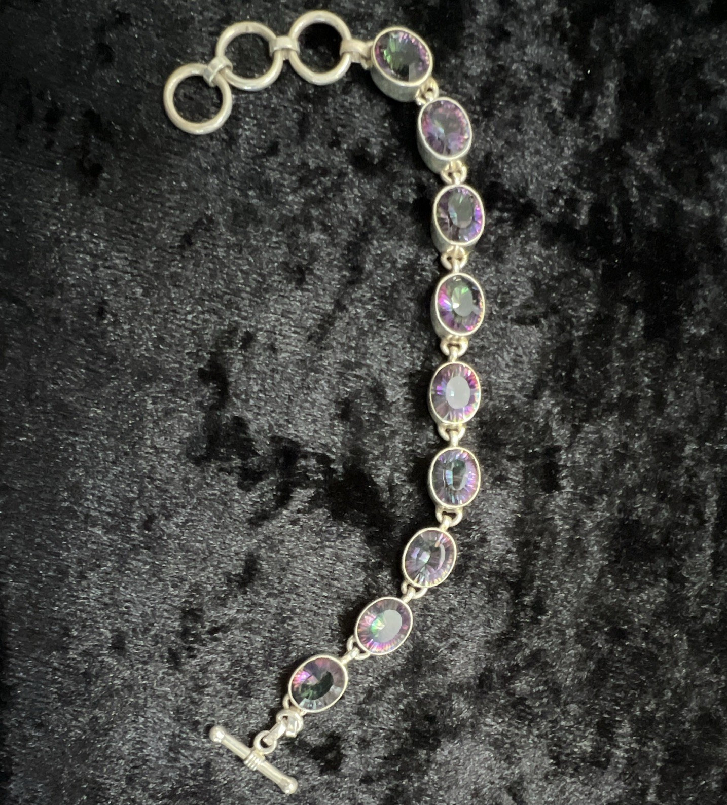 925 Silver Tone Tennis Oval Link Bracelet Mystic Quartz Bezel Toggle Adjustable