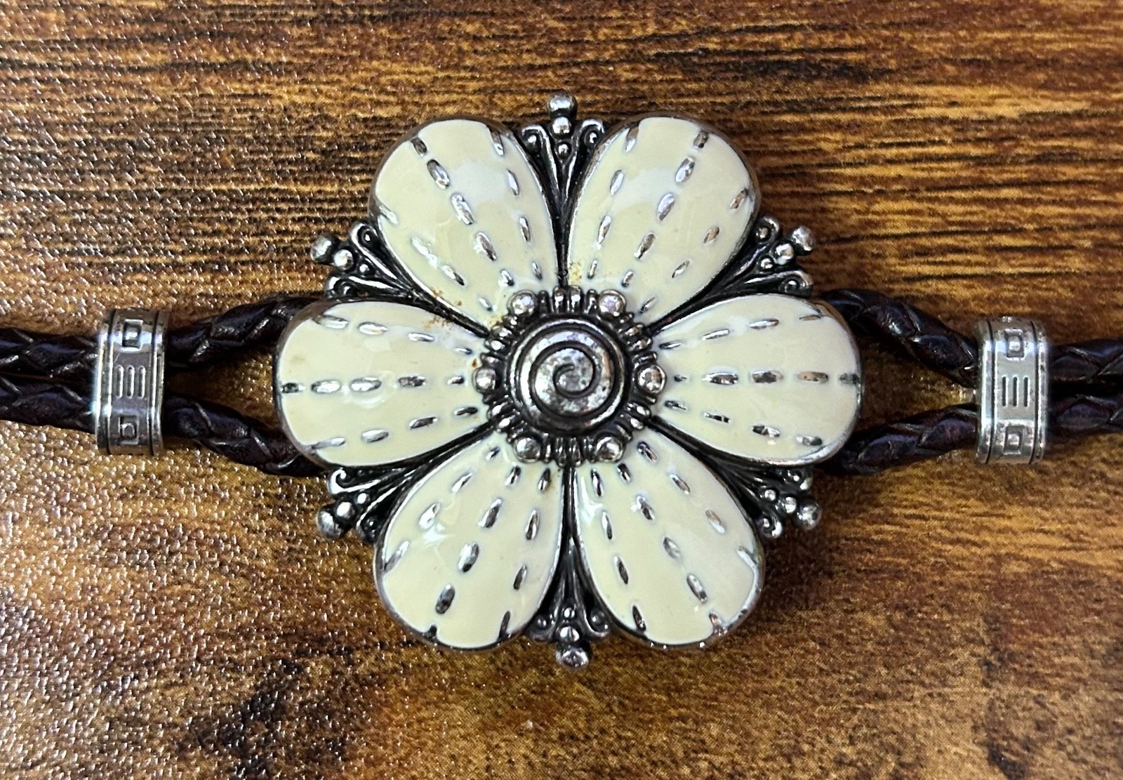 Brighton Safari Flower Bracelet Brown Braided Leather Cream Enamel