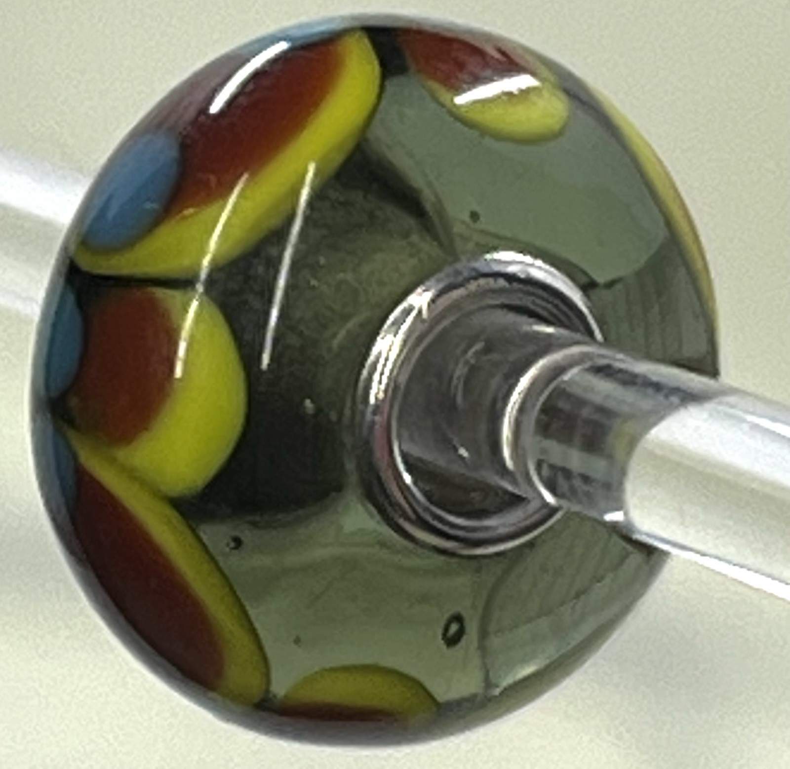 Artisan Glass Green W/ Red Yellow Blue Design Sterling Core Bead (S283)