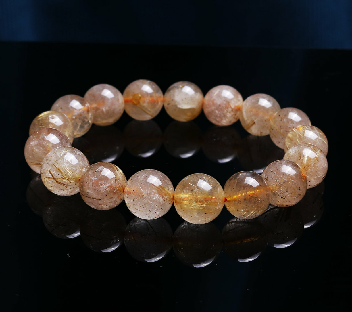 13mm Natural Gold Rutilated Titanium Quartz Crystal Beads Bracelet AAA C0284