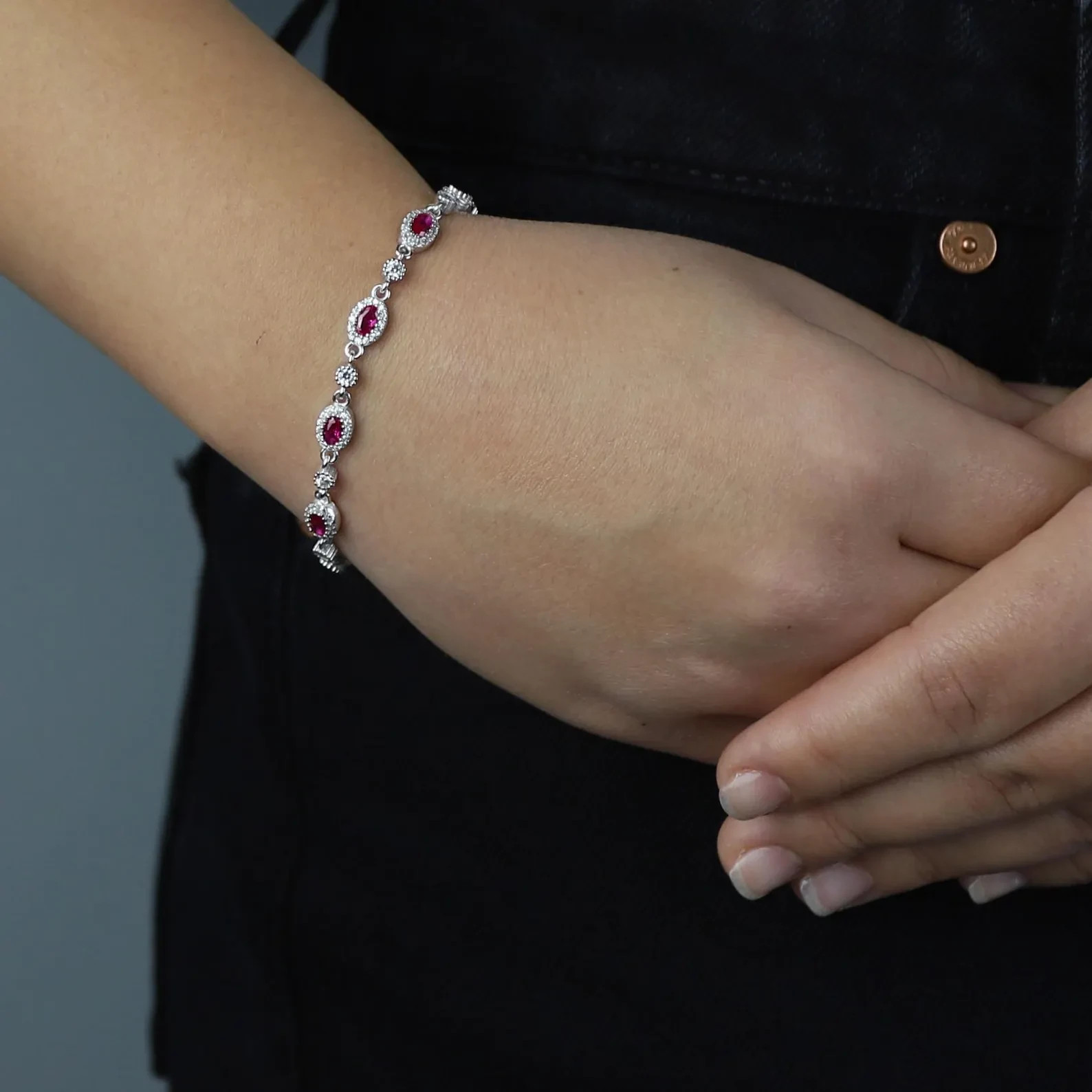 5 Ct Oval Cut Simulated Ruby 925 White Sterling Silver Women’s Tennis Bracelet