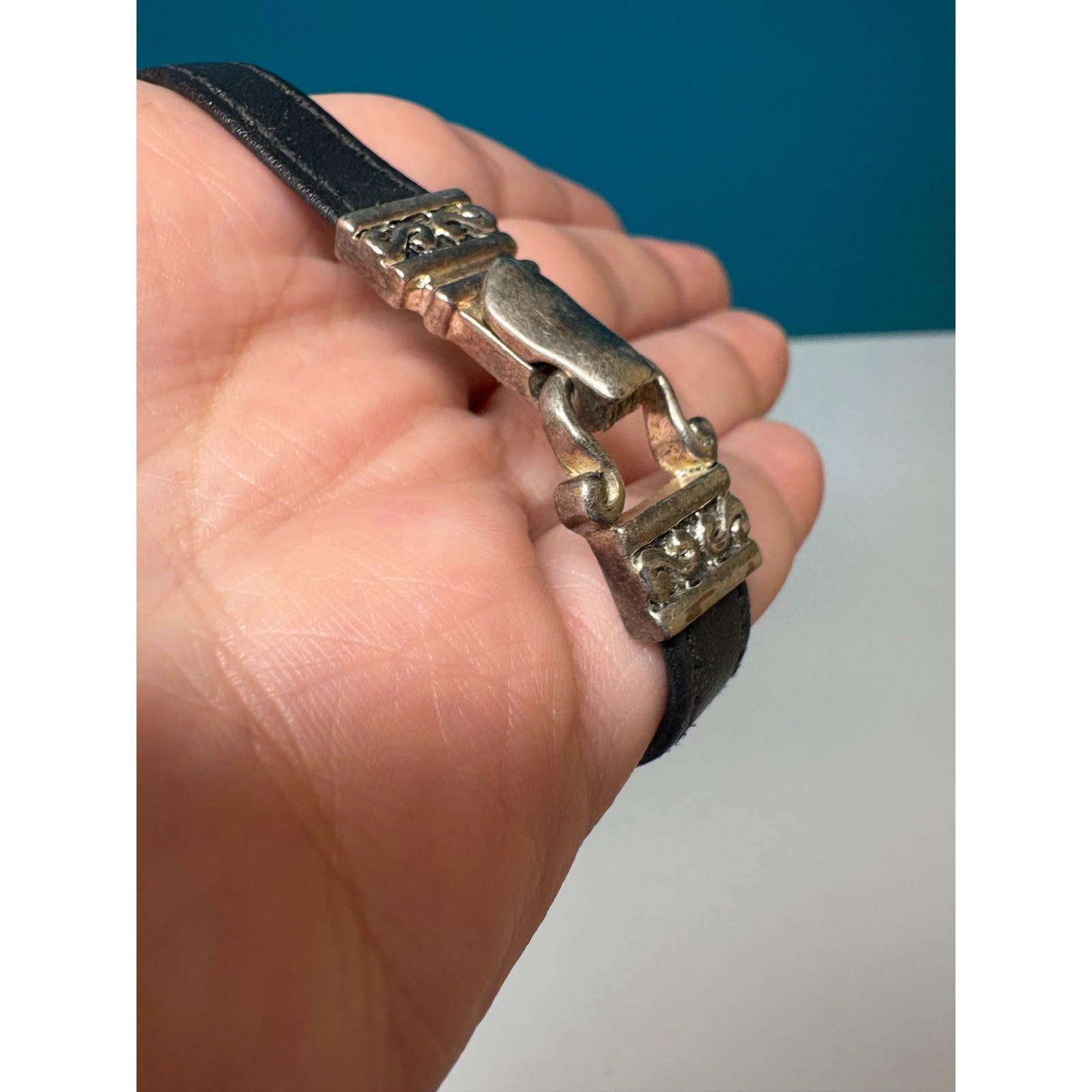 Black Leather Gothic Cross Bracelet Silver Tone Magnetic Clasp Enamel Charms