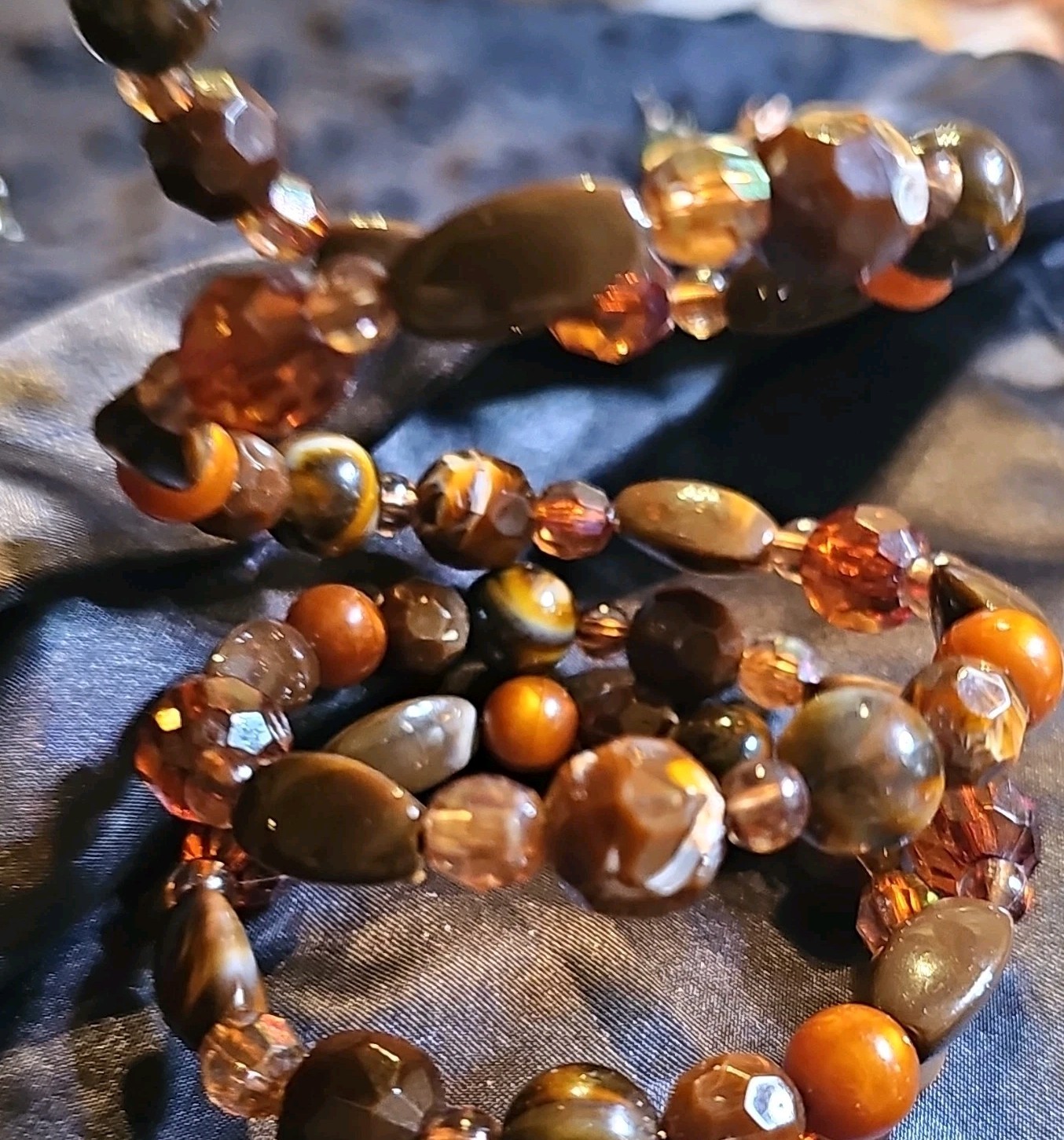 Brown & Orange plastic Beaded Wrap Bracelet, Round Beads, Stackable, Sizable,