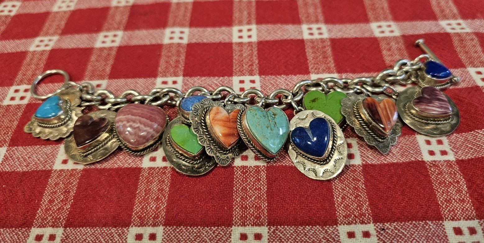 Joan Slifka Sterling Silver 12 Heart Charm Bracelet Signed 7”