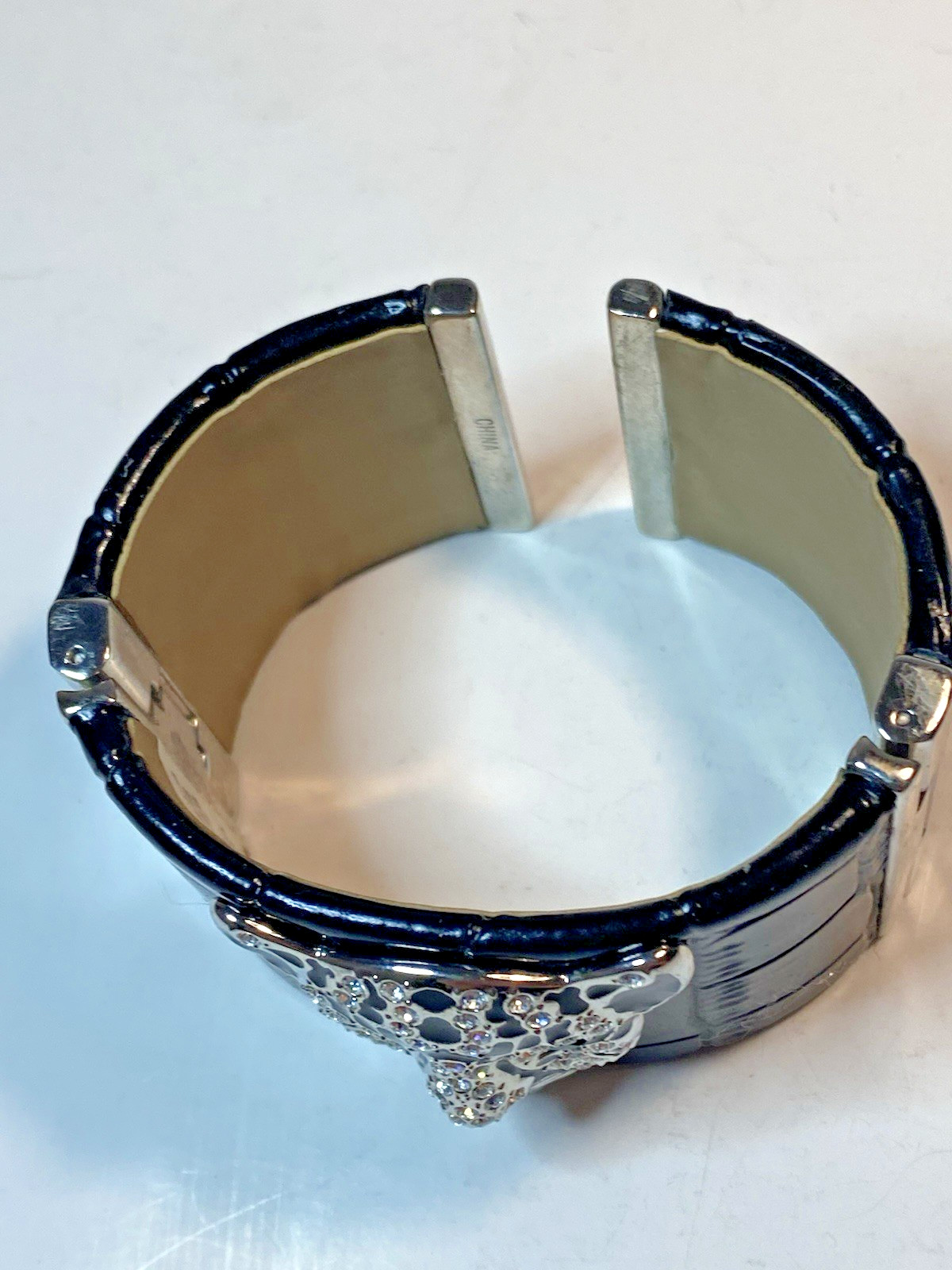 HSN Collectibles Leopard Black Leather CZ Enamel Statement Hinged Cuff Bracelet