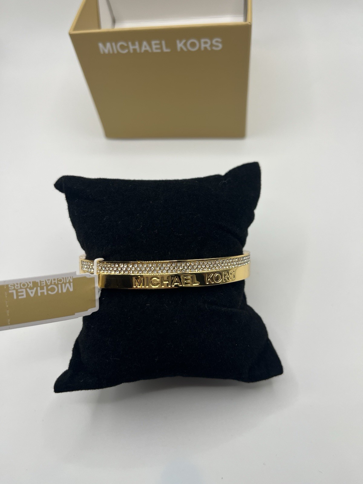 Michael Kors Gold Tone Crystal Pavé Logo Hinged Bangle Bracelet NWT Gift Box