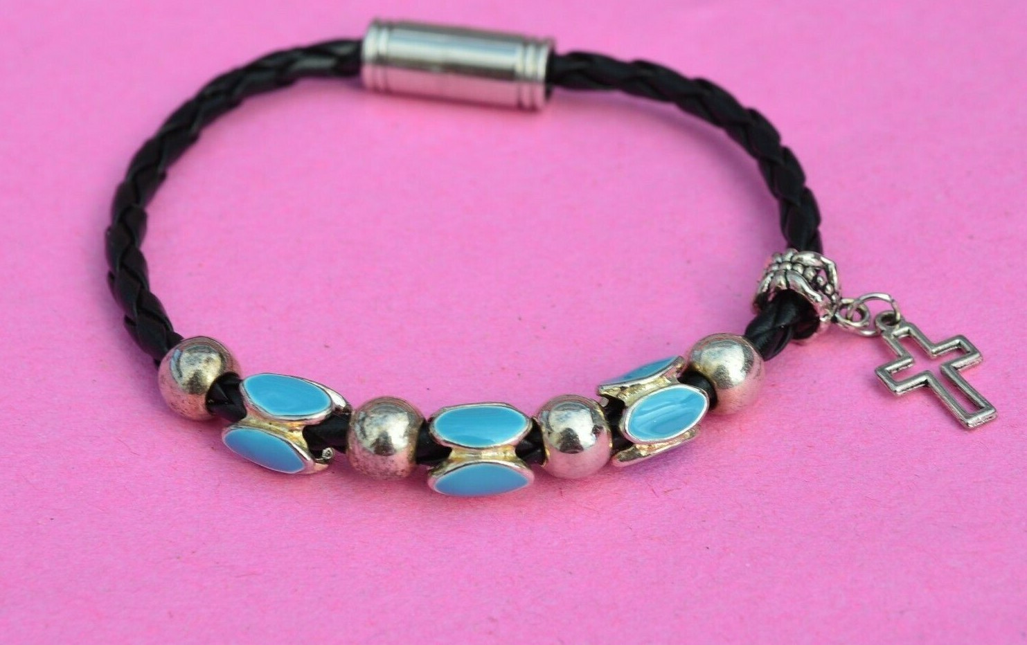 Black Cord Statement Bracelet Silver Tone Turquoise Enamel Add A Bead Charms