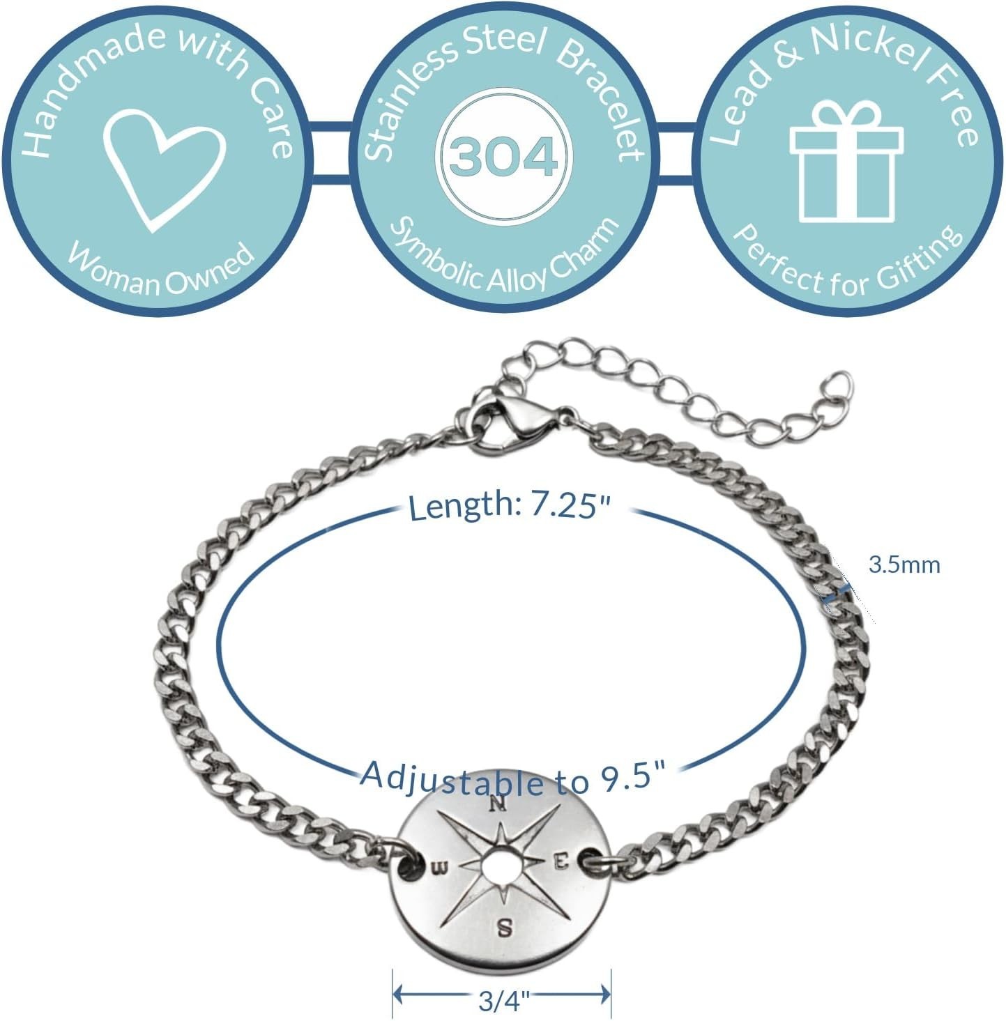 Stainless Steel Compass Handmade Adjustable Graduation Nautical Charm Bracelet