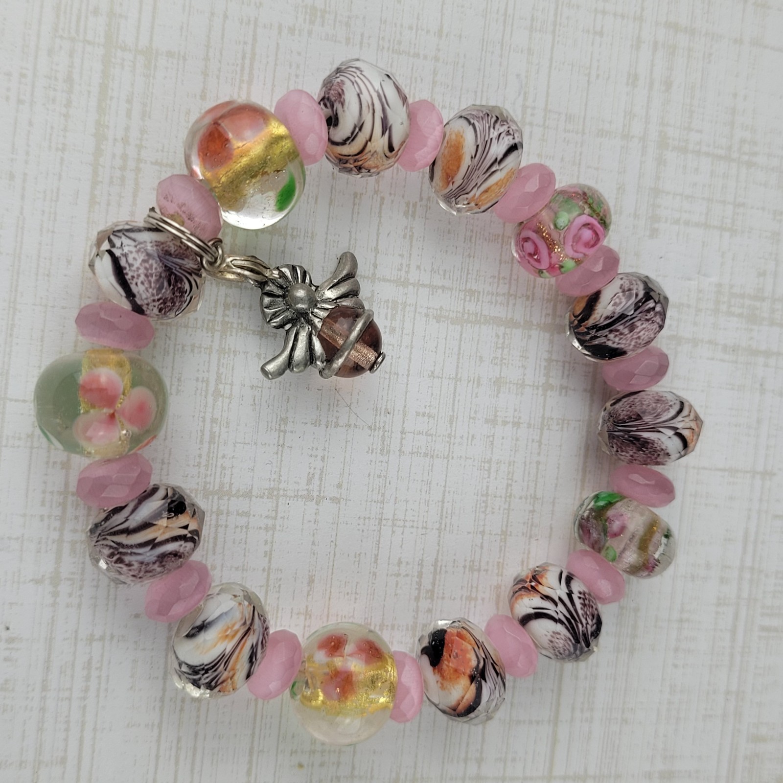 Art Glass Bead Angel Charm Bracelet Pink Black Multicolor Floral Stretch 7.5″