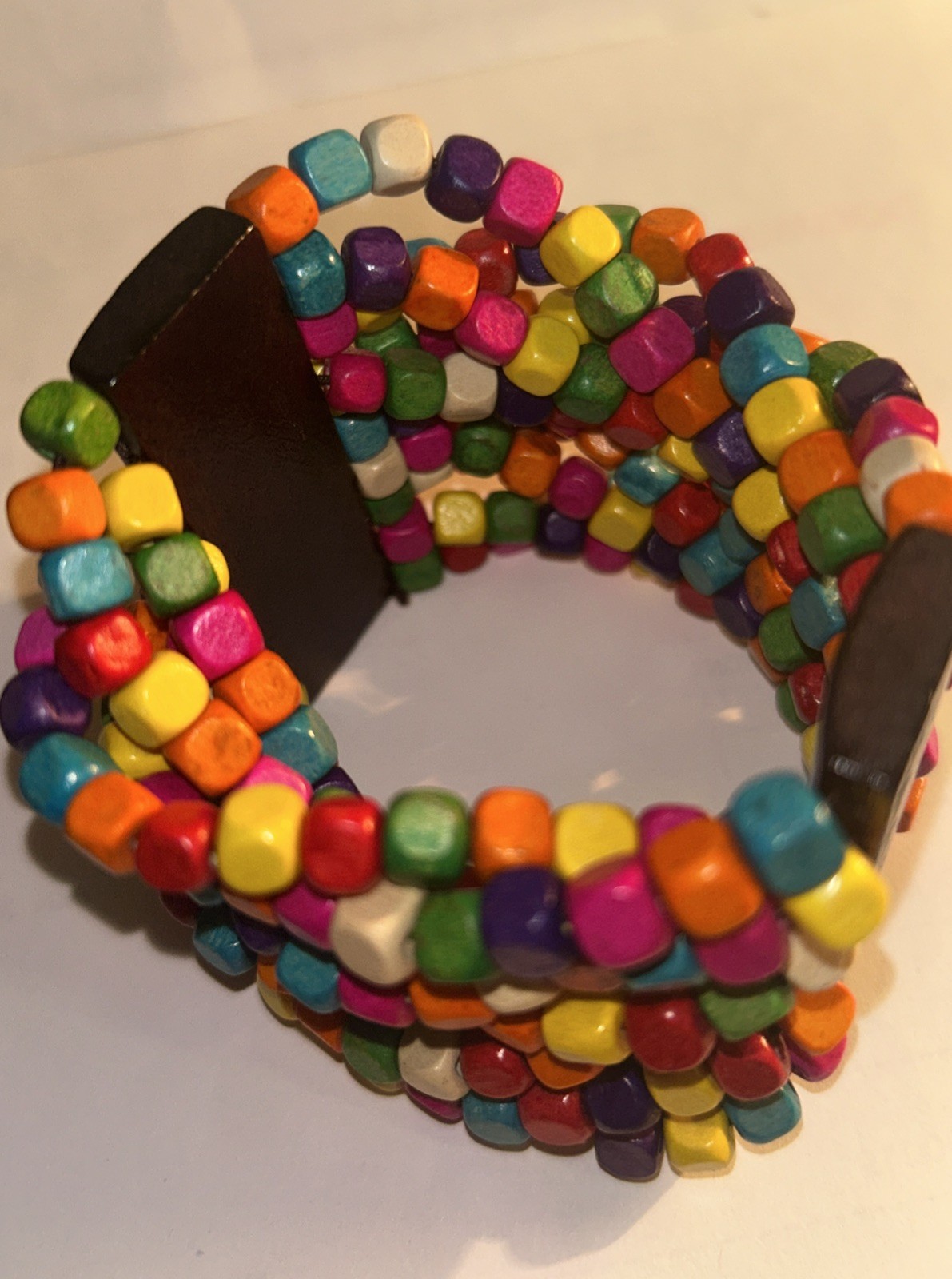 Boho Rainbow Wooden Cube Bead Multi Strand Stretch Cuff Bracelet Wide Statement