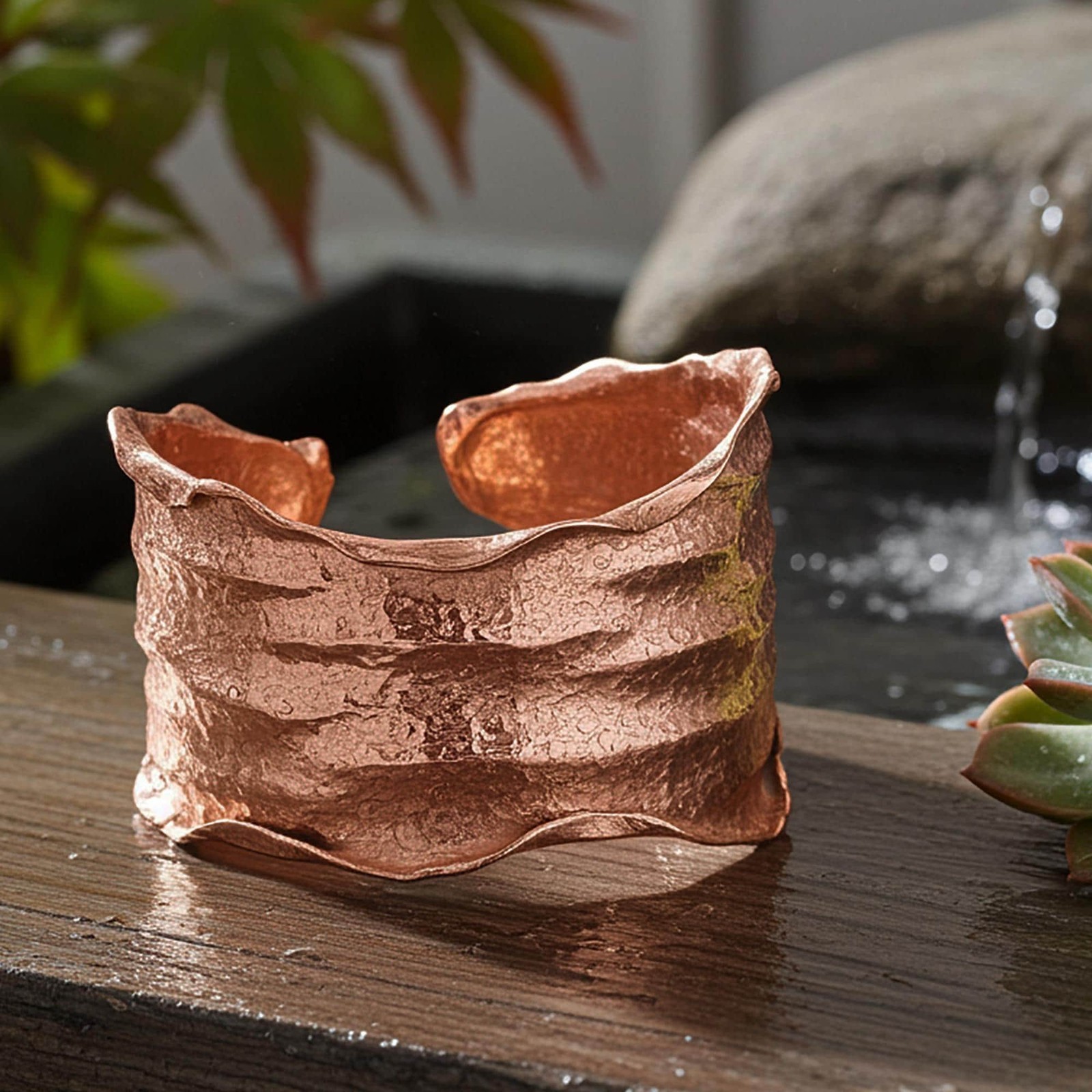 Copper Cuff Bracelet Solid Copper Crinkled Torn Edge Adjustable Style