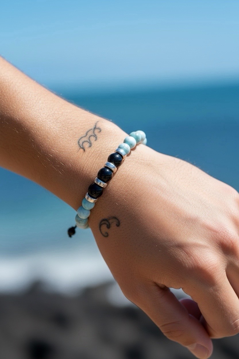 Larimar & Black Tourmaline bracelet – Sterling Silver 925 – 6.5 inch
