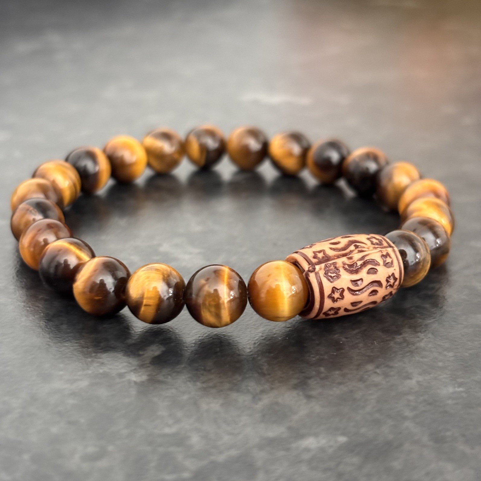 Tiger Eye Beaded Bracelet Wooden Spacer Stretch Crystal Healing Unisex
