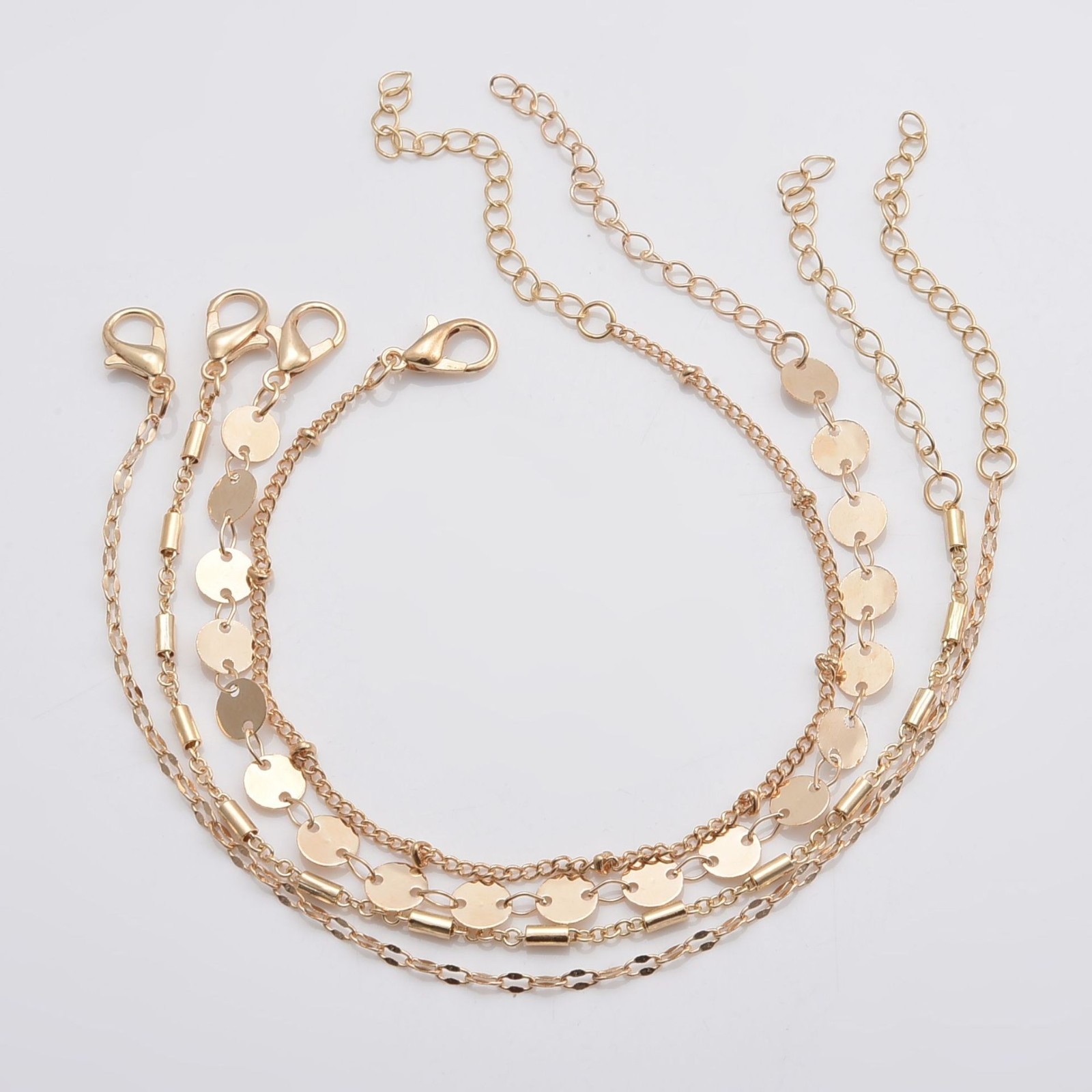 4pc Gold Chain Bracelet Set Boho Disc Tube Layered Charm Bracelets Gift for Her