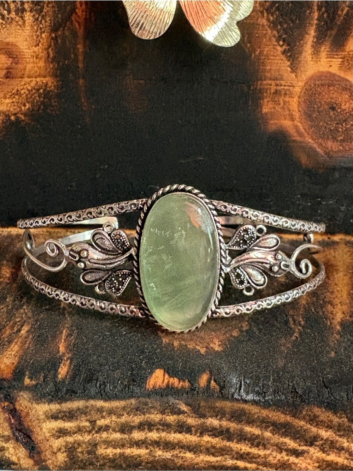 Prehnite Oval Stone Silver Cuff Bracelet