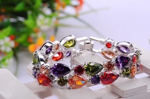 18k White Gold Filled Multicolor Tennis Bracelet Made Simulated Diamond 7.5 Inch