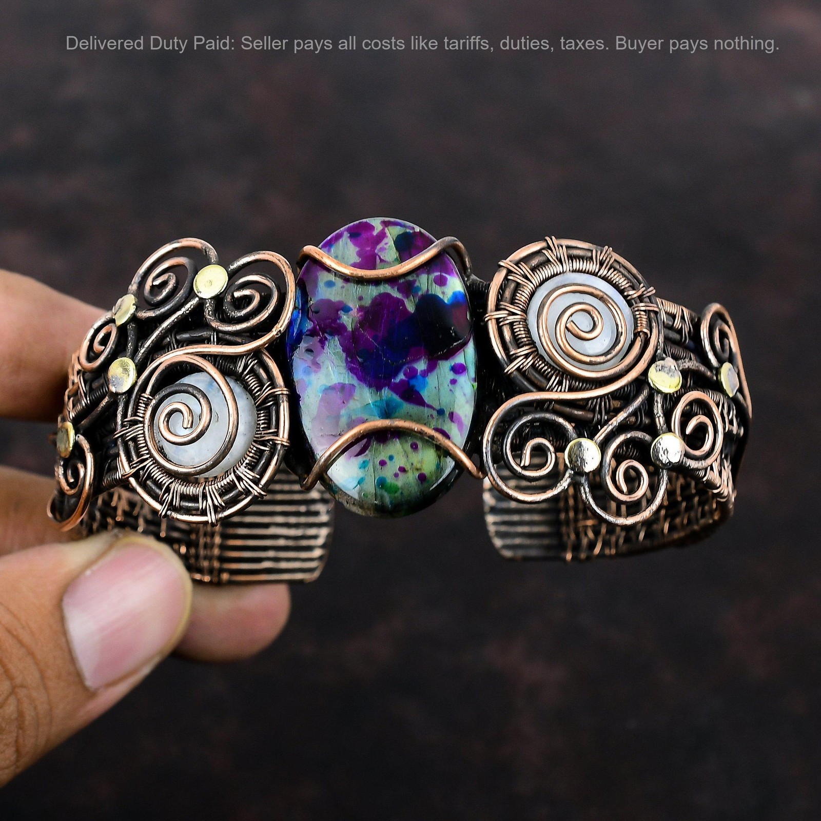 Copper Mystic Fire Labradorite Stone Rainbow Moonstone Wire Wrap Cuff Bracelet