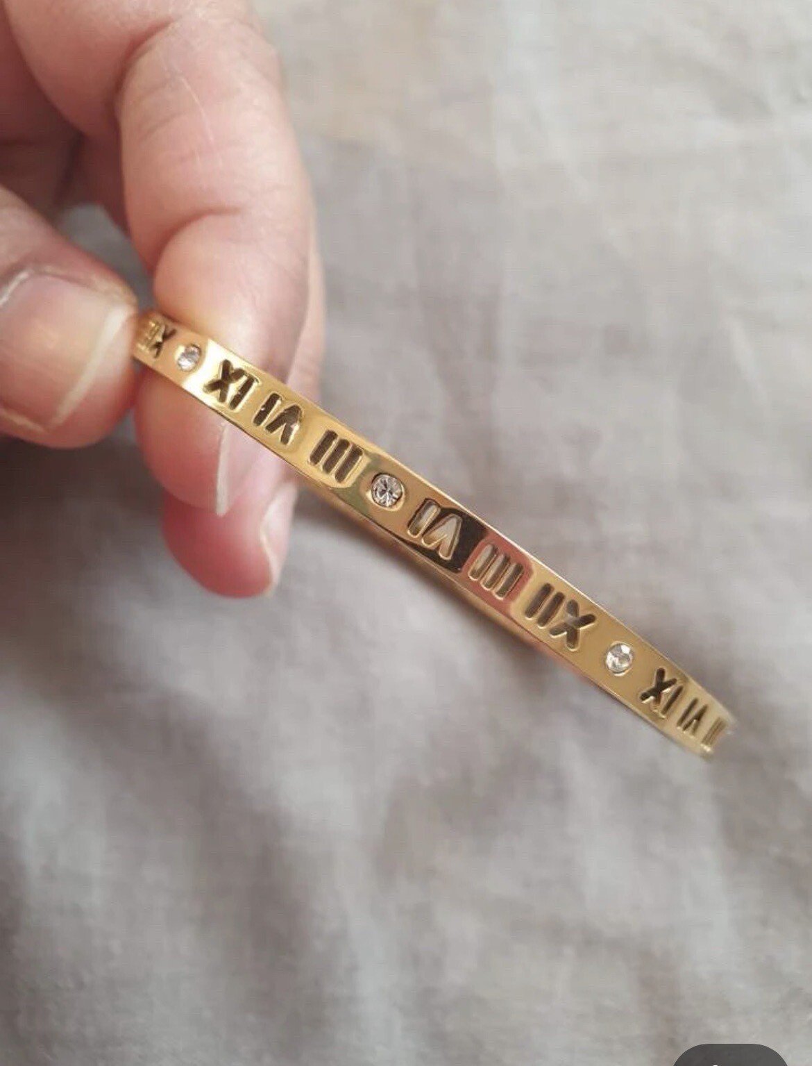 18K Gold Plated Bangle Bracelet Roman Number CZ Stainless Steel Womens Jewelry